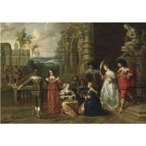 An Elegant Company Outside The Walls Of A Castle Making Music by Christoffel Jacobsz. Van Der Lamen