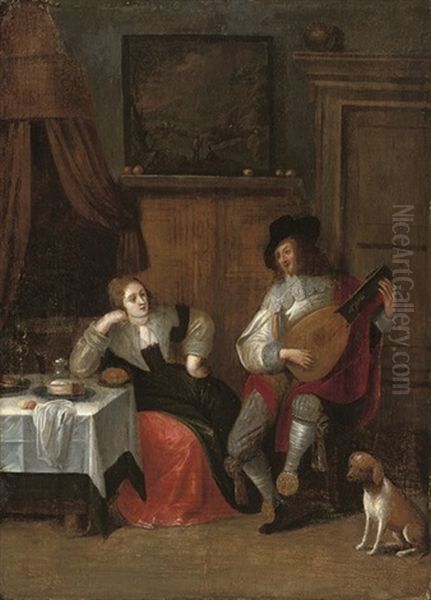 A Gentleman Serenading A Lady In An Interior - view 1