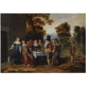 An Elegant Company Seated Around A Set Table On A Terrace, A Formal Garden Beyond