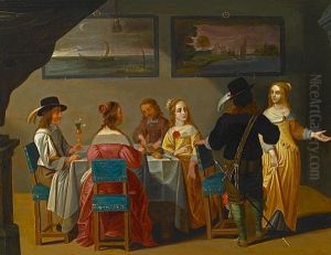 Figures Gathered Around A Table by Christoffel Jacobsz. Van Der Lamen