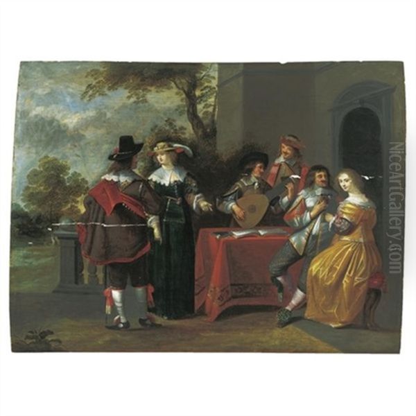An Elegant Company Making Music, Drinking And Courting In A Garden Setting - view 1