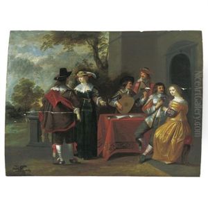 An Elegant Company Making Music, Drinking And Courting In A Garden Setting by Christoffel Jacobsz. Van Der Lamen
