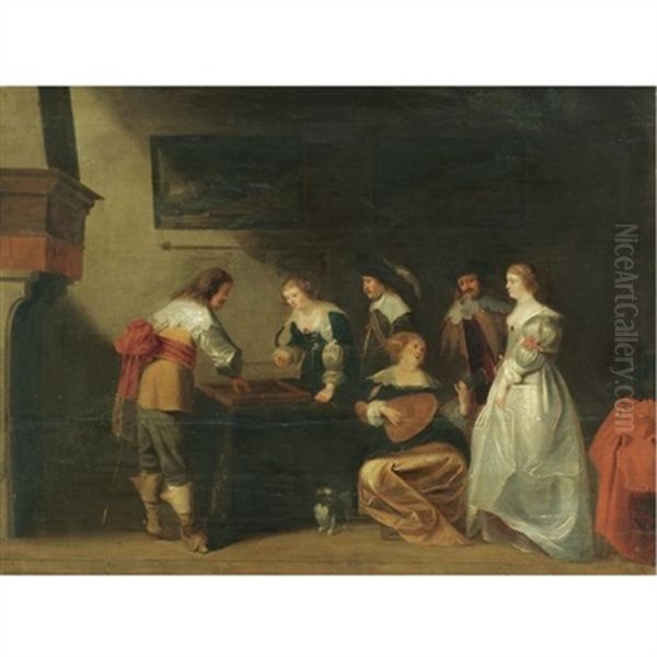 An Elegant Company In An Interior With A Lady And Gentleman Playing Tric-trac - view 1