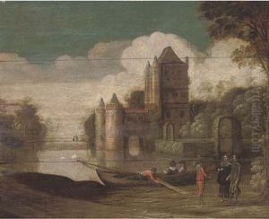 A Landscape With A Moated Castle And Gentlemen Conversing By A Boat