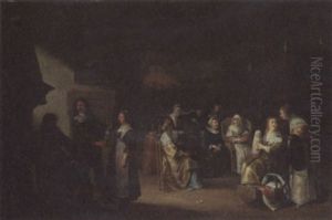 Interior With Dutch Family Celebrating The Birth Of A Baby by Christoffel Jacobsz. Van Der Lamen