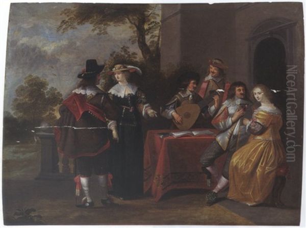 An Elegant Company Making Music, Drinking And Courting In A Garden Setting - view 1