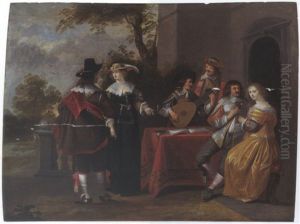 An Elegant Company Making Music, Drinking And Courting In A Garden Setting by Christoffel Jacobsz. Van Der Lamen