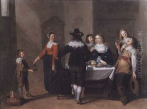 An Elegant Company Eating And Drinking In An Interior by Christoffel Jacobsz. Van Der Lamen