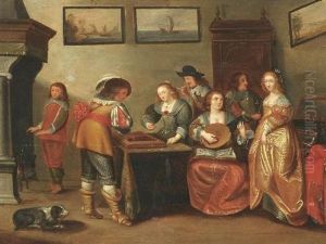Vornehme Gesellschaft Beim Musizieren Und Wurfelspiel