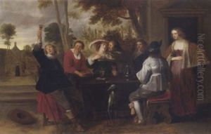 Elegant Company At A Table On A Terrace by Christoffel Jacobsz. Van Der Lamen