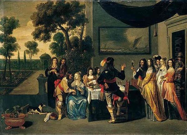Elegant Company Drinking And Conversing On A Terrace - view 1