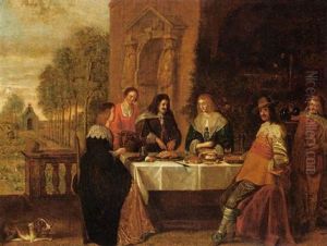An Elegant Company Feasting On The Terrace Of A Country House by Christoffel Jacobsz. Van Der Lamen