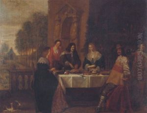 An Elegant Company Feasting Upon The Terrace Of A Country House by Christoffel Jacobsz. Van Der Lamen