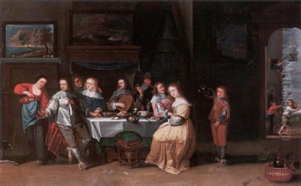 Elegant Figures Dining And Playing Music Around A Table In An Interior - view 1