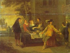 Elegant Company Outside A Villa Drinking Wine With A Garden Beyond by Christoffel Jacobsz. Van Der Lamen