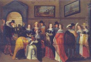 Elegant Company Playing Le Main Chaude In An Interior by Christoffel Jacobsz. Van Der Lamen