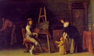 Ein Kunstler In Der Werkstatt An Der Staffelei Mit Seiner Familie by Christoffel Jacobsz. Van Der Lamen