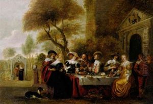Elegant Company At The Table On A Terrace By A Classical Portico