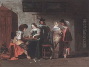 Dutch Interior With An Elegant Couple Seated Playing Backgammon