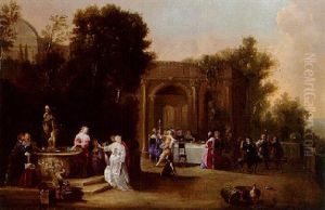 Elegant Company Merrymaking On A Terrace With Musicians And Lovers By A Fountain