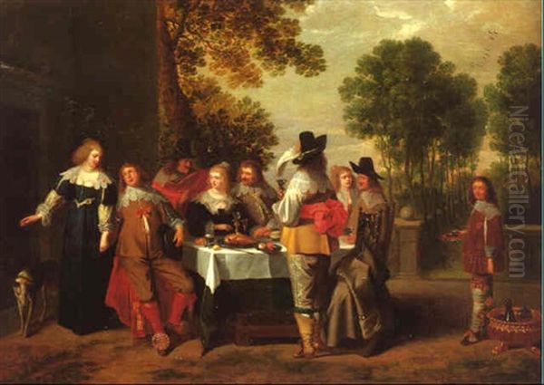 Elegant Company Seated At A Table In Formal Garden - view 1