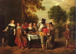 Elegant Company Seated At A Table In Formal Garden by Christoffel Jacobsz. Van Der Lamen