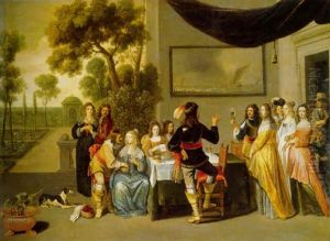 Elegant Company Merrymaking On A Terrace, A Garden Beyond by Christoffel Jacobsz. Van Der Lamen