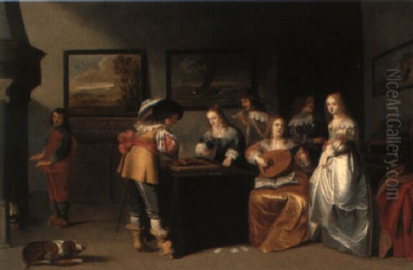 A Couple Playing Backgammon And A Lady Playing A Lute In An Interior - view 1