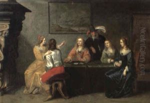 Interior With Elegant Figures Playing Cards by Christoffel Jacobsz. Van Der Lamen