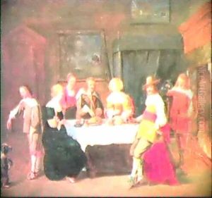 An Elegant Company Feasting At A Table Before A Hearth by Christoffel Jacobsz. Van Der Lamen