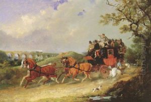 A Coach And Four On A Country Lane, With A Steam Engine Crossing A Viaduct by Eugene Louis Lami