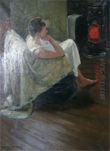 Sittande Modell Vid Kamineld by Ingrid Lamm-Ehrenborg