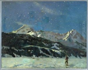Skifahrer Vor Einem Bergpanorama Mit Sternenhimmel