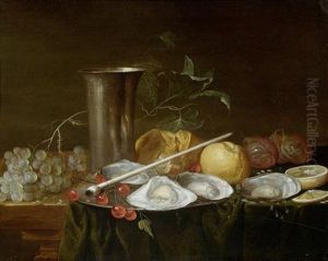 Stillleben Mit Trauben, Kirschen, Austern, Brot Und Silbergefassen Auf Einer Tischplatte by Abraham van Lamoen