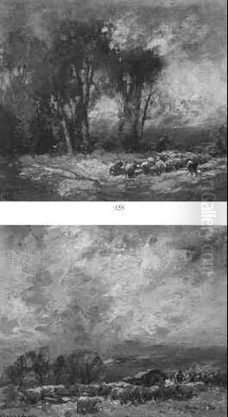 Herder With Flock At Pasture Gate - view 1