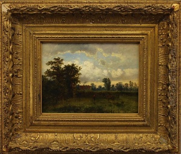 A Landscape And A Farmer With A Cow In The Field.. - view 1