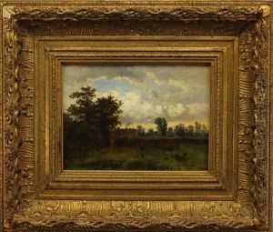 A Landscape And A Farmer With A Cow In The Field.. by Jean Pierre Francois Lamoriniere