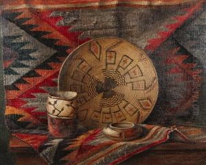 Indian Basket And Bowls On An Indian Blanket by Frederick John Behre