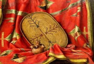 A Still Life Of A Native American Blanket, Basket And Clay Jug by Frederick John Behre