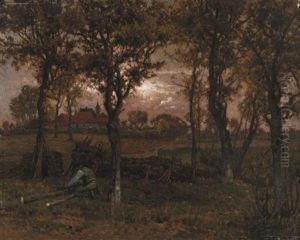 Bucherons Au Coucher Du Soleil by Jean Pierre Francois Lamoriniere