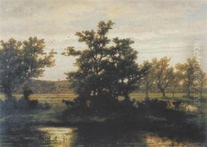 Teichlandschaft Mit Bauer Und Kuhen by Jean Pierre Francois Lamoriniere