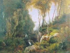 A Pair Of Cranes In An Extensive Wooded Landscape