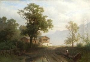 Rastende Magd Am Wegesrand In Vorgebirgslandschaft. by August Behrendsen