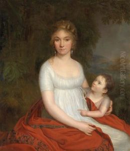 A Young Woman And Her Daughter Against A Landscape Backdrop A Young Woman And Her Daughter Against A Landscape Backdrop