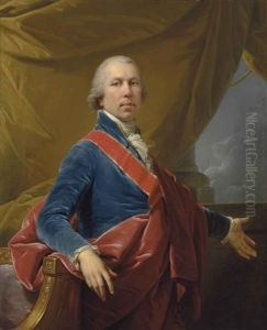 Portrait Of A Nobleman, Half-length, In A Blue Velvet Jacket And White Stock, Wearing The Sash Of The Order Of Saint Stanislaus And A Red Mantle by Johann Baptist Lampi the Elder
