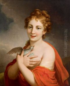 Bildnis Einer Jungen Dame Mit Einer Roten Stola, Die Eine Taube An Ihre Brust Druckt