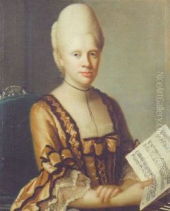 Portrait Of A Lady In A Brown Dress With Lace Sleeves, Seated At A Harpsichord With A Musical Manuscript