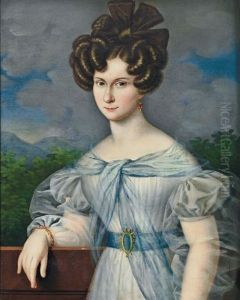 Portrait Einer Vornehmen Jungen Frau Im Habit Der Zeit Vor Abendlichem Landschaftshintergrund