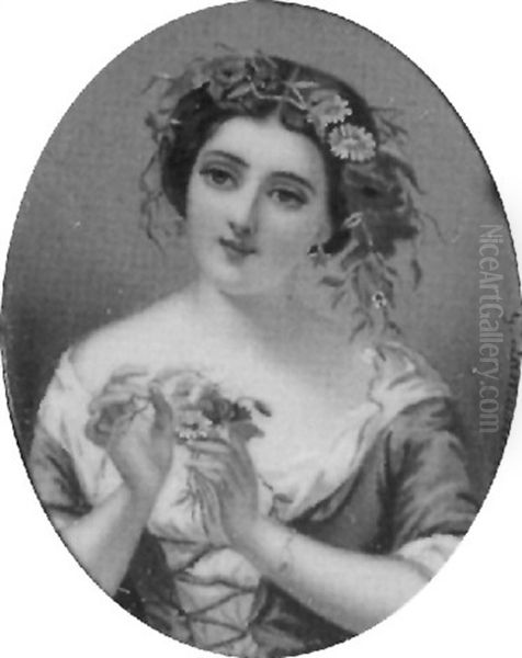 A Lady, In Blue Dress Laced Over White Underdress, Gold Star Earrings, A Posy Of Fresh Flowers In Her Hands - view 1