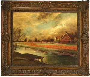 Tulip Fields At A Canal, Holland